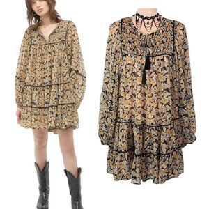 Free People Free Swinging Floral Metallic Print Boho Tiered Mini Dress Small